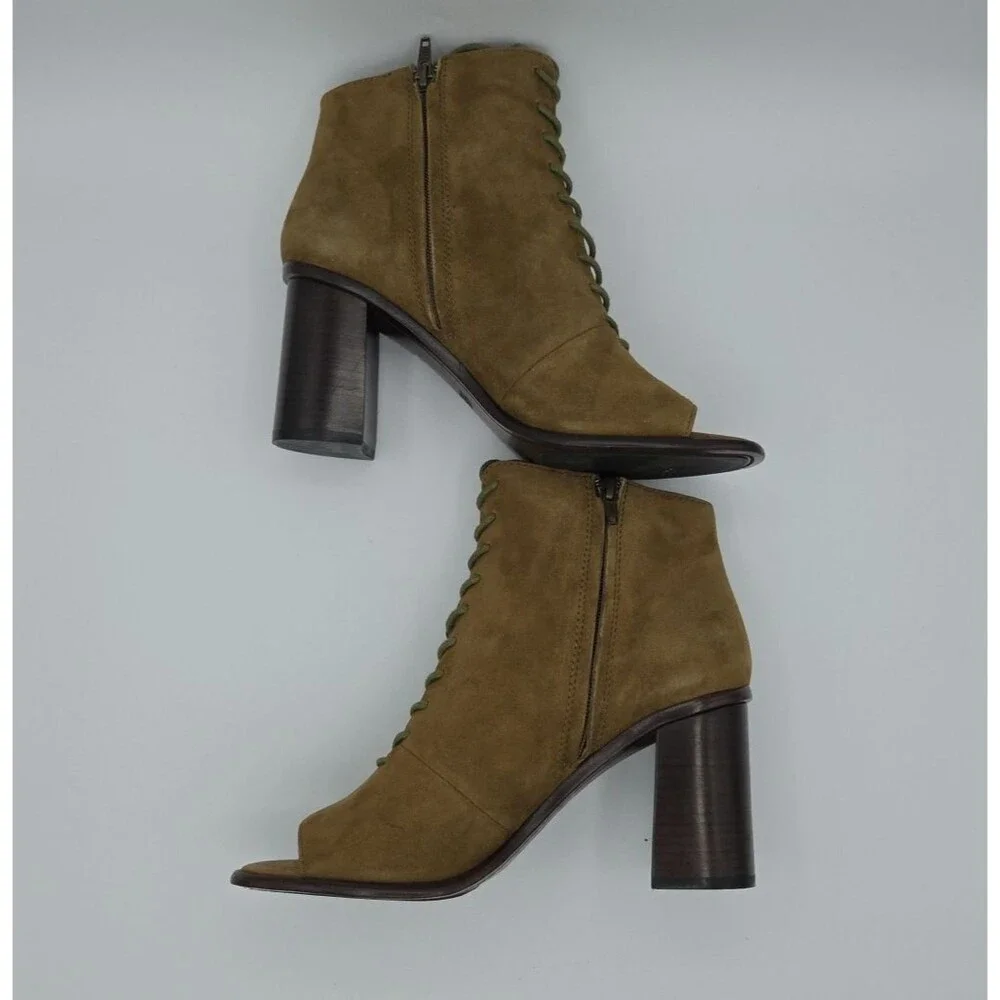 FRYE Amy Peep Toe Amy Green Khaki Suede Womens US 10 Heels Lace Up Booties
